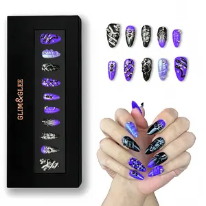 Glim&Glee Handmade Anti-Wrinkle Acrylic Press-On Nails, Purple Black Artistic Pattern with Metal Bead Decor, Long Stiletto False Nails in Black Gift Box (Beauty Products)