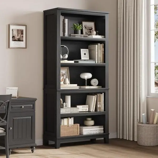GARVEE 71" Tall Farmhouse Bookshelf, 5-Tier & 31.5" Wide Bookcase with Adjustable Shelves, Rustic Vintage Wood Shelf with Wooden Legs for Living Room, Office, Library (Black)