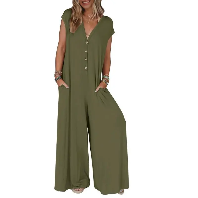 MEROKEETY Women's Deep V-Neck Basic Maternity Overalls - Chic Cap Sleeve Wide Leg Casual Jumpsuit 2026, Outdoor Clothes for Halloween Parties, Fall Travel