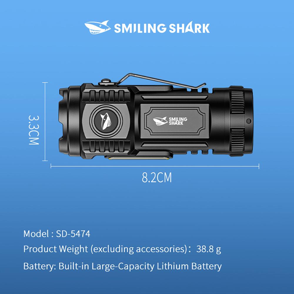 【SD-5474】Small Size Massive Power SMILING SHARK Torch Light Rechargeable Flashlight Led Super Bright with Clip COB Floodlighting 4 Modes Small Outdoor Emergency Hiking Pocket Light 		
