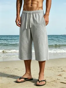 Men’s summer solid-color knit three-quarter casual pants, loose straight athletic pants, comfortable and breathable