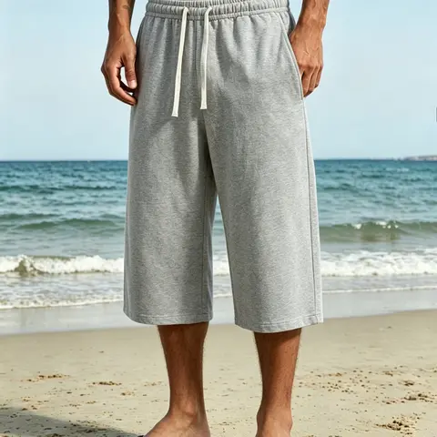Men’s summer solid-color knit three-quarter casual pants, loose straight athletic pants, comfortable and breathable