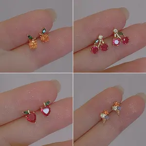 Fashion Sweet Cute Fruit Stud Earrings For Women Girls Small Red Zirconic Cherry Versatile Popular Daily Jewelry Accessories