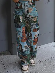 Women's Patchwork Art Print Pocket Cargo Pants, Casual Street Trousers for Daily Wear, Ladies Bottoms for All Seasons, Baggy Pants
