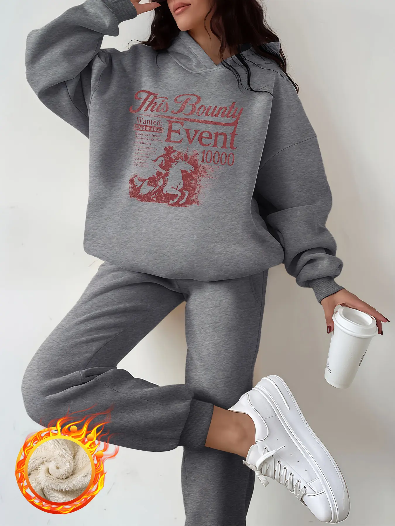Women's Hooded Sweatshirt Set, Western Cowboy Print, Thick Fleece Lining, Casual Loose Fit, Long Sleeve Pants, Fall & Winter Fashion