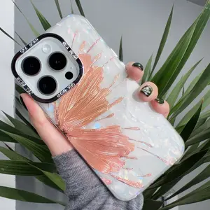 Labzone Phone Case for iPhone 13 14 15 16 Pro Max iPhone 16 Plus Case Women Cute iPhone 15 Pro Case with strap Color painting Conch Shell Butterfly Cover Cute Design Shockproof Silicone Protective Cases Girls for Apple 15 Pro Max- Gold Butterfly