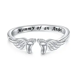 Adjustable Footprint & Wing Cuff Ring | Mommy of an Angel Engraved Jewelry | Fashionable Daily All-match Accessory | Sentimental Sympathy Memorial Gift for Women