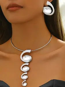 Women's Fashion Jewelry Set, Geometric Spiral Shell Design, Oval Artificial Pearl Necklace & Earrings, Creative Daily Party Wear