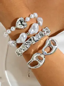 Punk Style Geometric Metal Bracelet Set, Irregular Faux Pearl Beaded Bracelets, Stackable Bracelets, Adjustable Bracelet, Elegant Alloy Chain Jewelry, All Seasons Wear