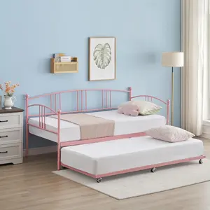 Gaomon Twin Metal Platform Bed Frame with Arched Headboard, Pullout Trundle, Sturdy Steel Slats Support, Convertible Guest Sofa Bed, No Box Spring Required, Easy Assembly, Blush Pink Bedframes
