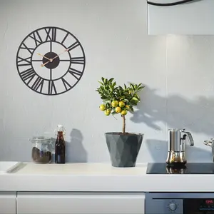 New 24-Inch Oversized Modern Metal Wall Clock - Silent Auto-Shutoff Large Roman Numerals Thick Iron Frame Indoor/Outdoor Battery-Powered Round Analog Clock for Living Room Kitchen Bathroom - Black Finish Decor