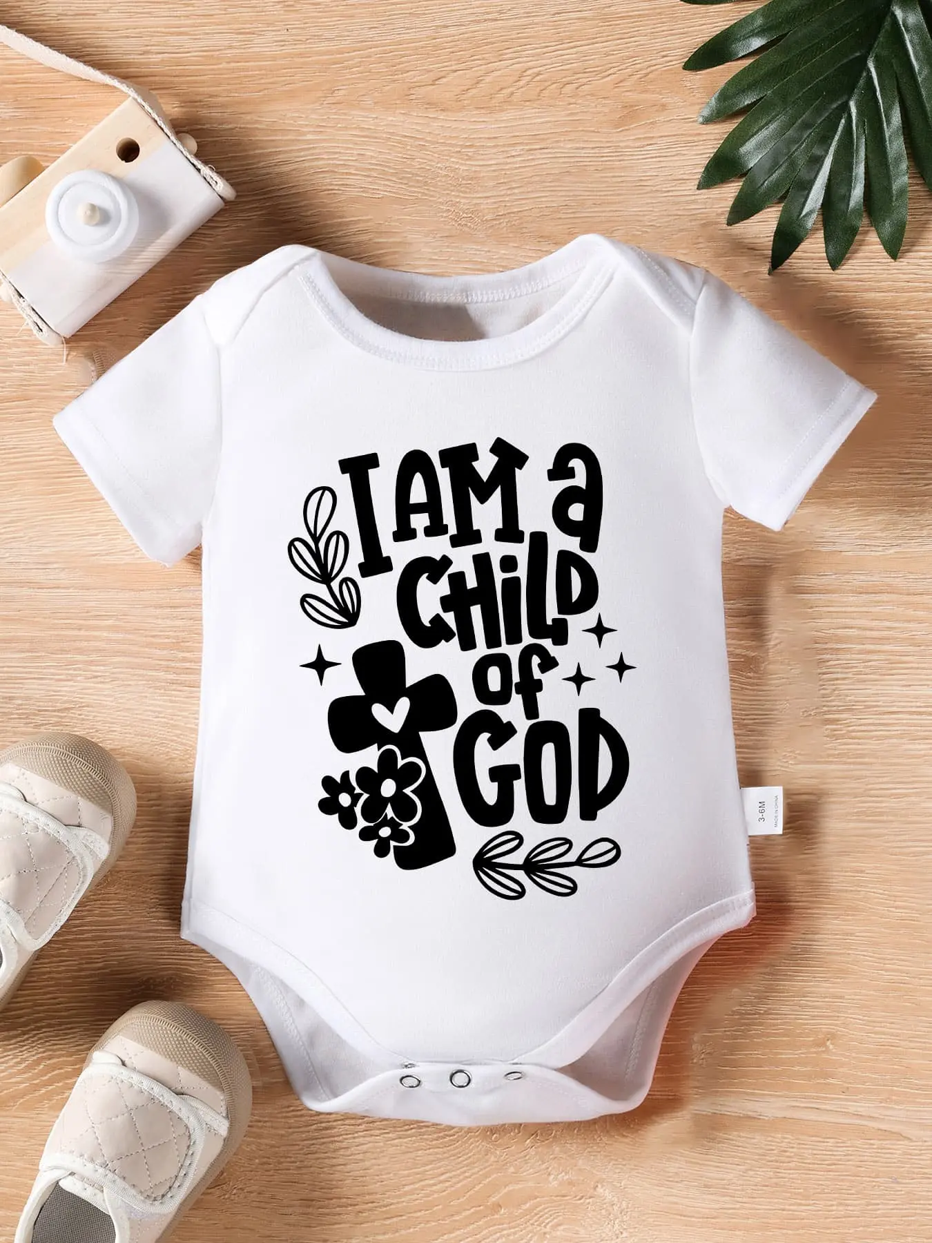 Unisex White Baby Short Sleeve Bodysuit, I Am A Child Of God Cross Floral Star Christian Faith Cotton Onesie
