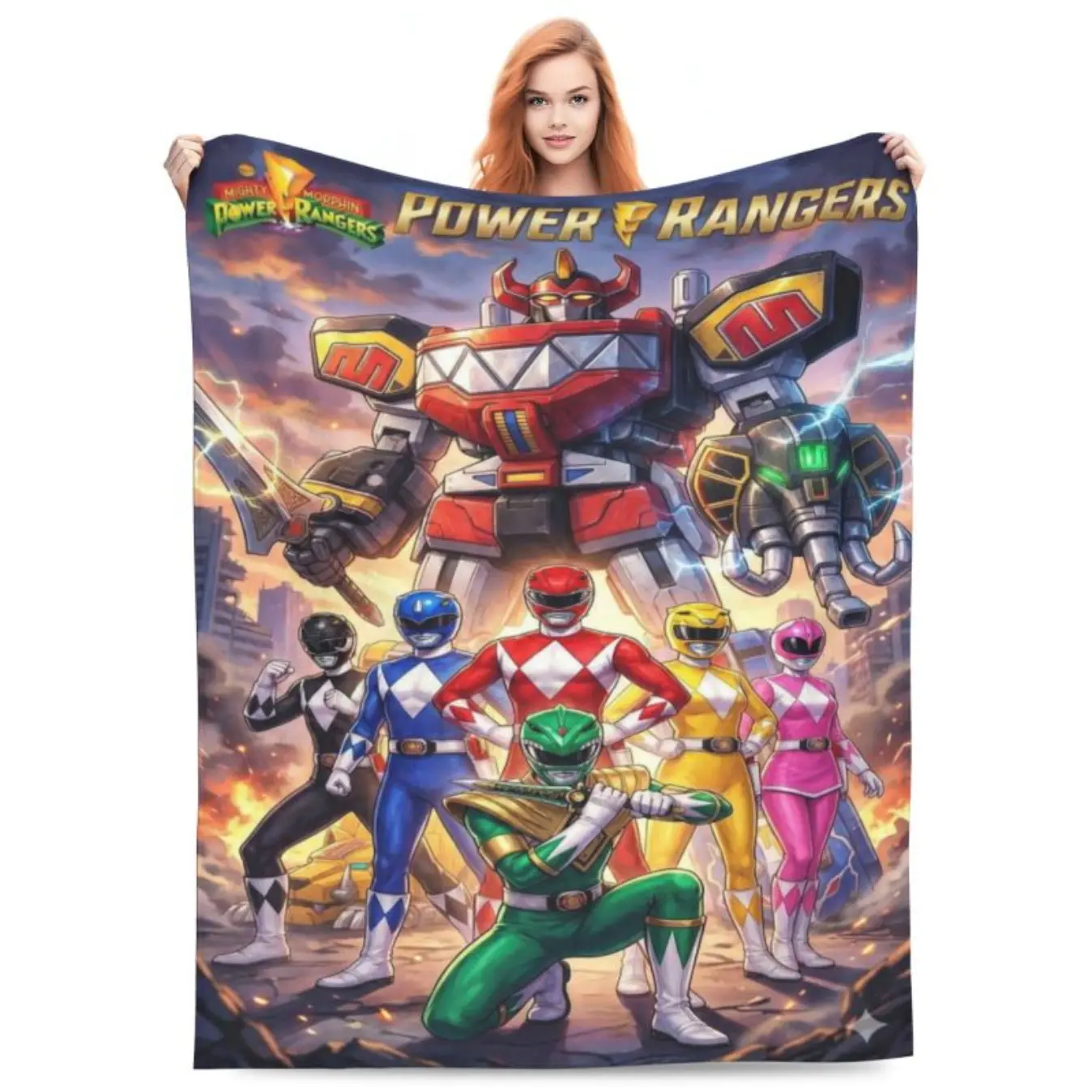 1pc MMPR Flannel Blanket - Red Ranger Black Samurai Print - Soft Warm Cozy Throw for Bed Couch Dorm Room Decor - Nostalgic 90s Retro TV Show Gift for Fans - Machine Washable Lightweight Skin-friendly All-Season Blanket