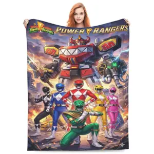 1pc MMPR Flannel Blanket - Red Ranger Black Samurai Print - Soft Warm Cozy Throw for Bed Couch Dorm Room Decor - Nostalgic 90s Retro TV Show Gift for Fans - Machine Washable Lightweight Skin-friendly All-Season Blanket