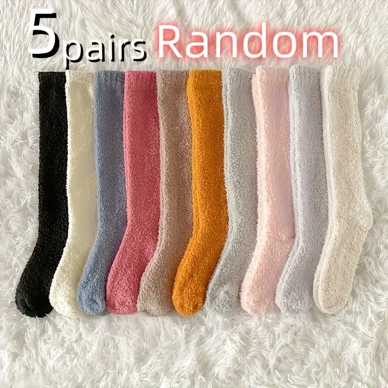5 Pairs of Women's Warm Winter Socks - Thickened Knee-High/Over-Knee Style (AK), Soft Colors (Pink, Beige, Gray, Black) - Non-Slip Lining, Suitable for Cold Weather, Home, Office, Postpartum Care - Soft Coral Texture - Machine Washable