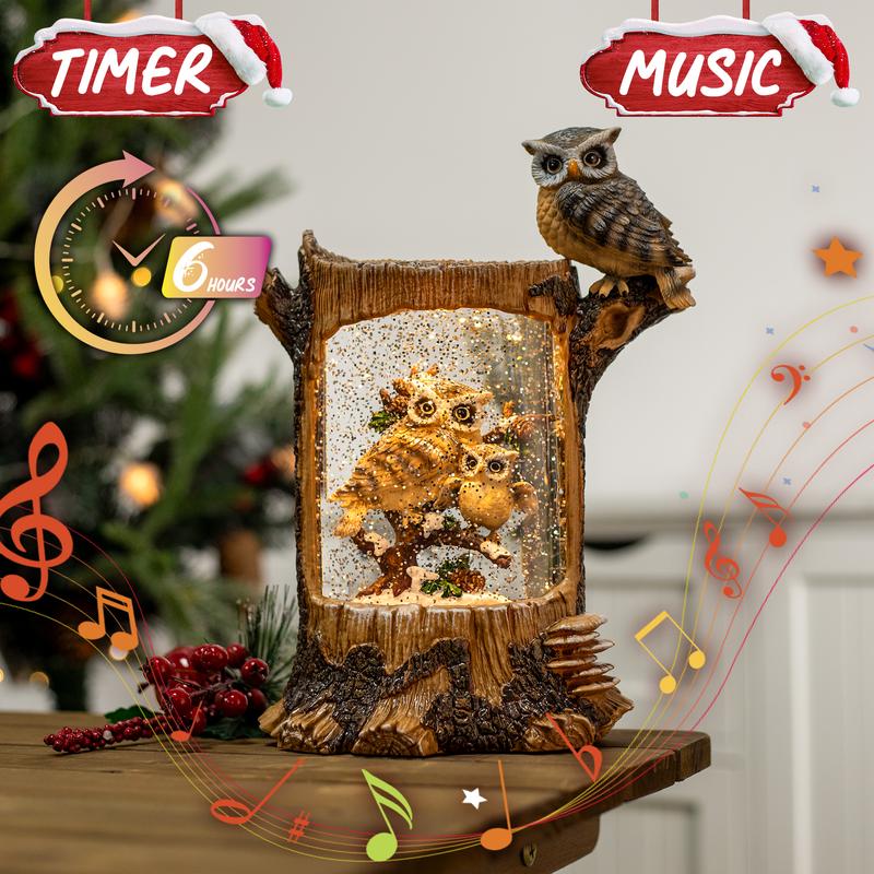 Christmas Owl Family Snow Globe, Musical Glittering Christmas Snow Globes Lantern with Timer, Large Owl Collectible Figurines Christmas Holiday Home Decor Battery Operated USB Powered