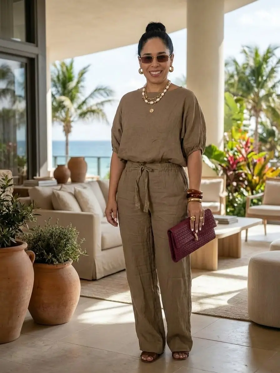 Women's ESYAZO Aesthetic Chic Italian Linen 2-Piece Set - Premium Reversible Tie-Front Shirt Blouse, Wide-Leg Palazzo Pants for Beach, Cute Casual Wear