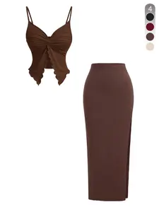 Two-Piece Set Women's Solid Spaghetti Strap Twist Front Crop Top & Split Hem Skirt Set, Casual Fashion Cozy Lady Two-piece Outfits for Daily Outdoor Wear, Women Clothing for Spring Fall, Suits, Womenswear