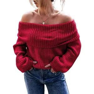 Womens Winteroutfit Racing Red Long Sleeve Off-the-Shoulder Knit Sweater Pullover Tops - Womenswear - Knitwear