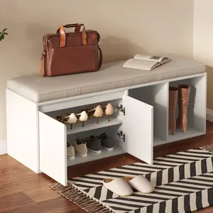 Guyii 17.91" H Shoe Bench Modern Entryway Bench with Hidden Drawer Side Holder Cushioned Seat & Shoe Rack for Entryway Hallway Living Room Bedroom Cream White Upholstered Stool