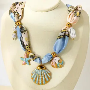 INS Ocean Necklace Colorful Enamel Starfish & Shell Pendant 18K Gold Plated Stainless Steel Ribbon Chain Necklace for Women