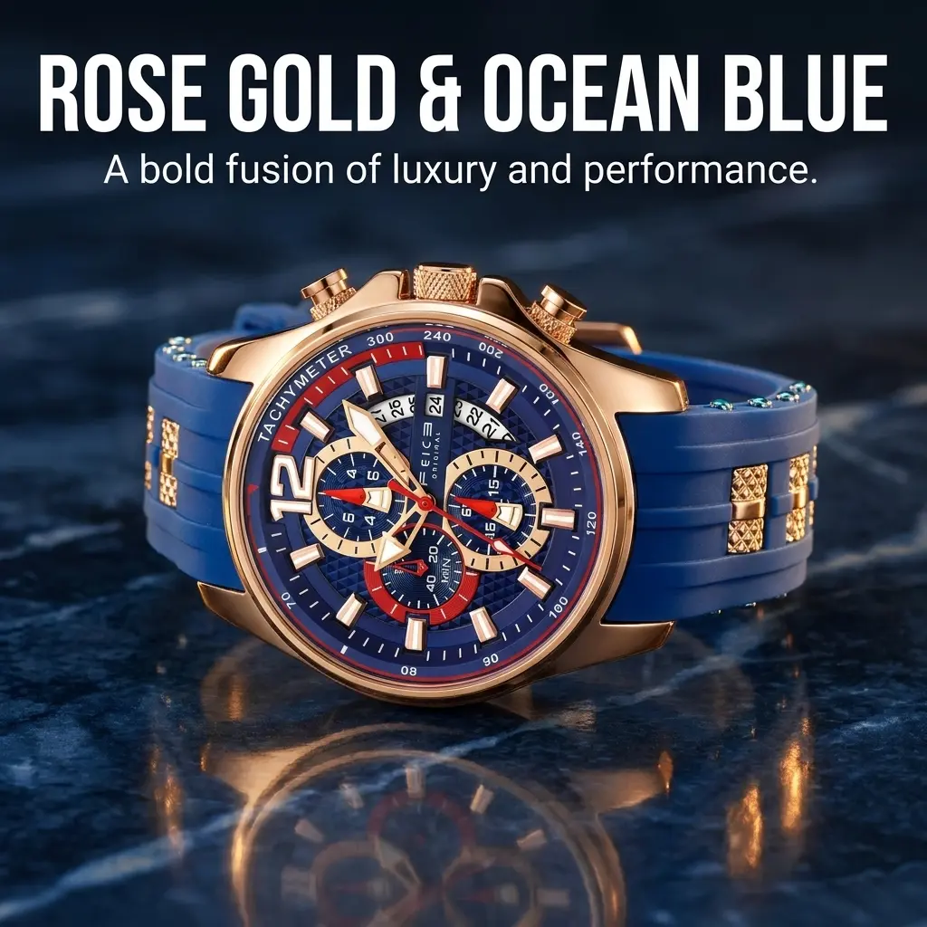 FEICE Men's Fashion Sport Watch - Gold-Toned Frame Quartz Watch with Round Face, 30M - 50M Water Resistance, Date Window, Blue Dial, Rose Gold-Tone Case, Calf Skin & Silicone Bands, Mineral Glass, Clasp Closure, Masculine Design Quartz Watches
