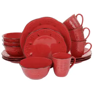 Elama EL-RUSTICBIRCHRED Rustic Birch Stoneware Dinnerware Set, Red - 16 Piece