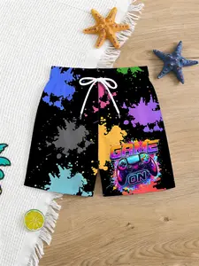 Boys Game Theme Swim Trunks, Vibrant Ink Handle Print, Elastic Waist Beach Shorts, Comfortable Clothing, Perfect for Vacation Casual Wear, Swimwear Shorts, Swim Board Shorts