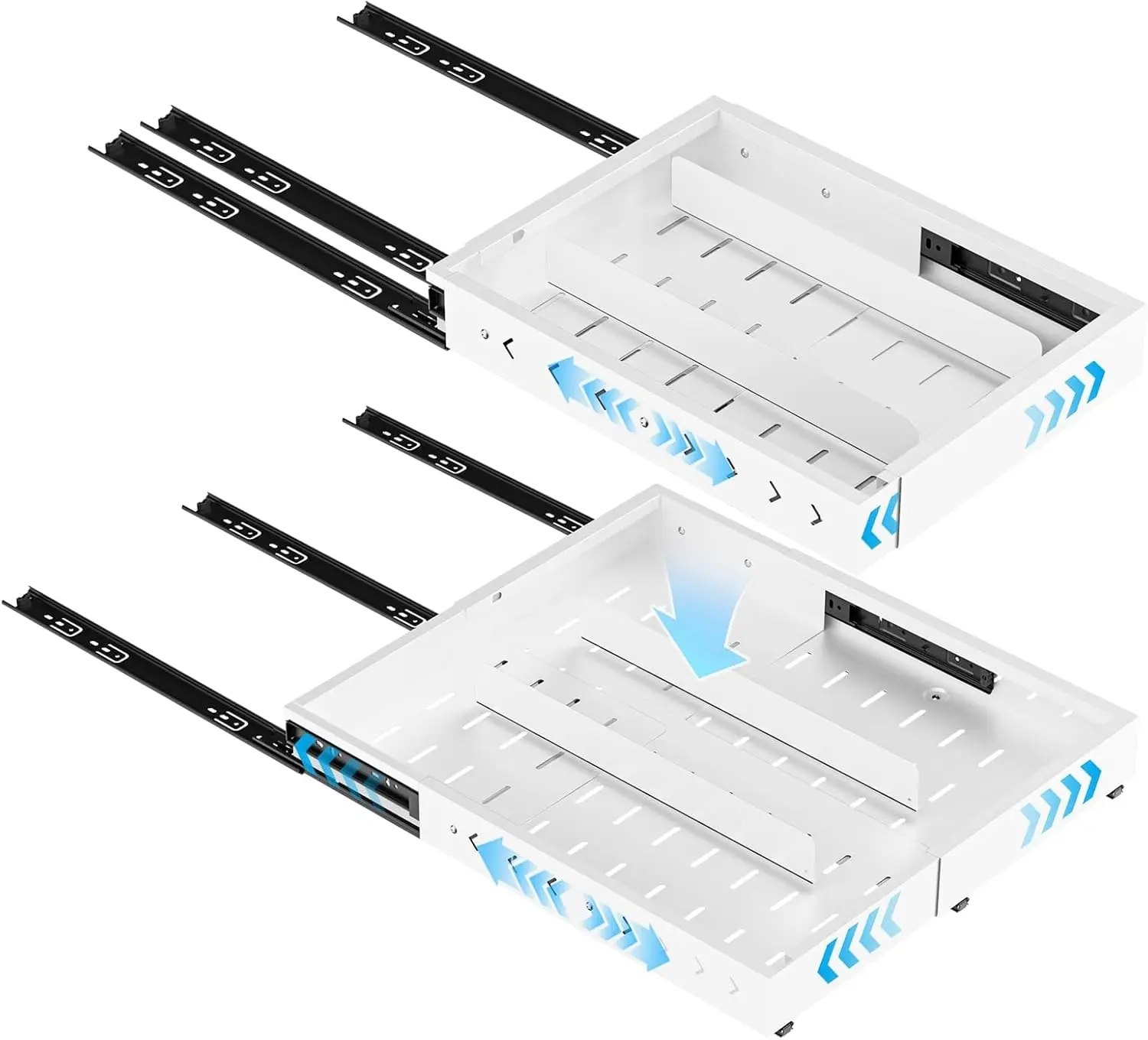 Insputer Metal Adjustable Pull Out Cabinet Organizer Rack (1 Pack) - Expandable 12.4"-20.08"W & 16.26"-22.44"D, No-Drill Slide Out Drawer with 3 Slide Rails, 2 Magnetic Panels, Adhesive Tape Shelf for Kitchen Pantry, 25kg Fitting Capacity