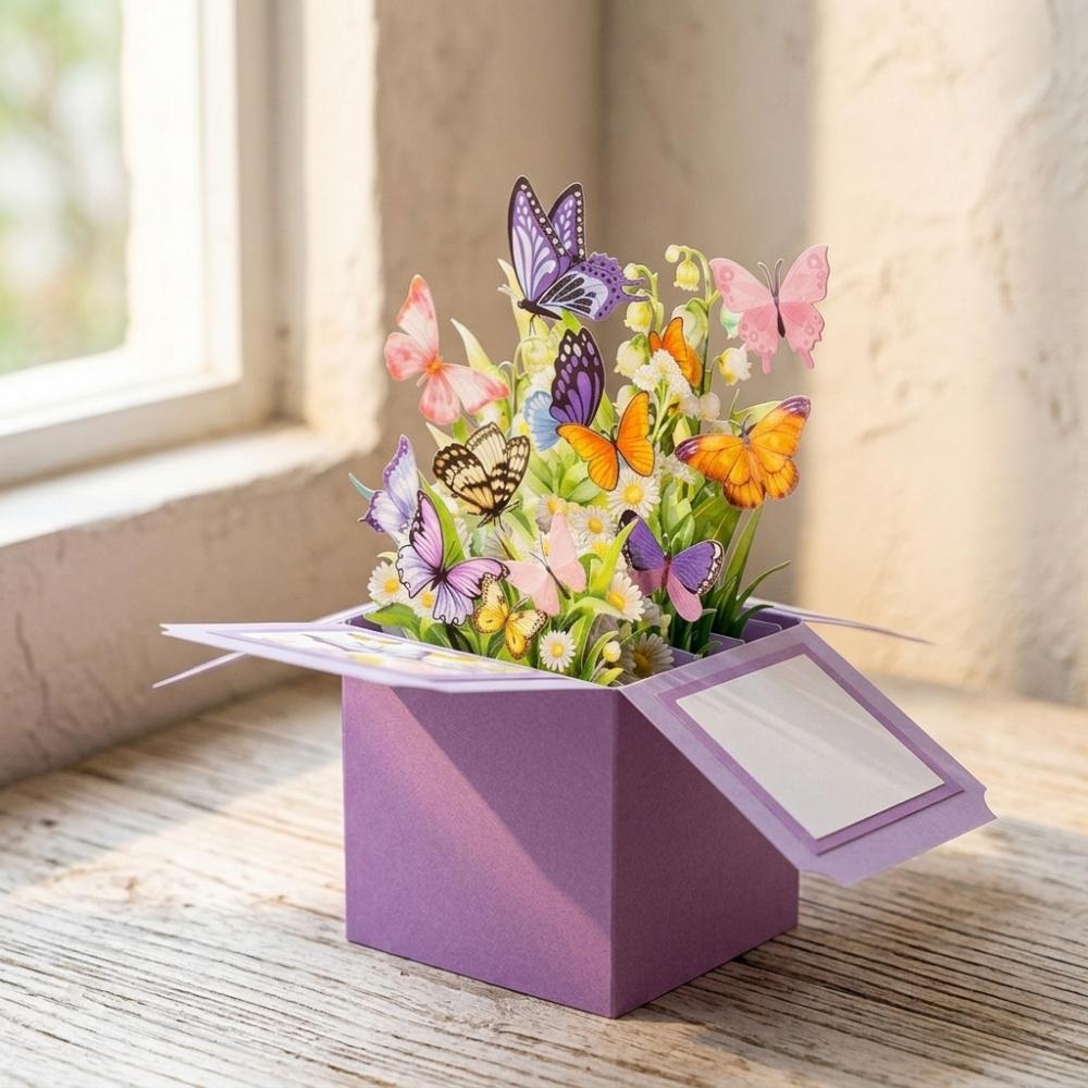 3D Popup Box Greeting Card Handcrafted Butterfly Floral Design Pop-up Card for Birthday Mother's Day Anniversary with Blank Inner Panel