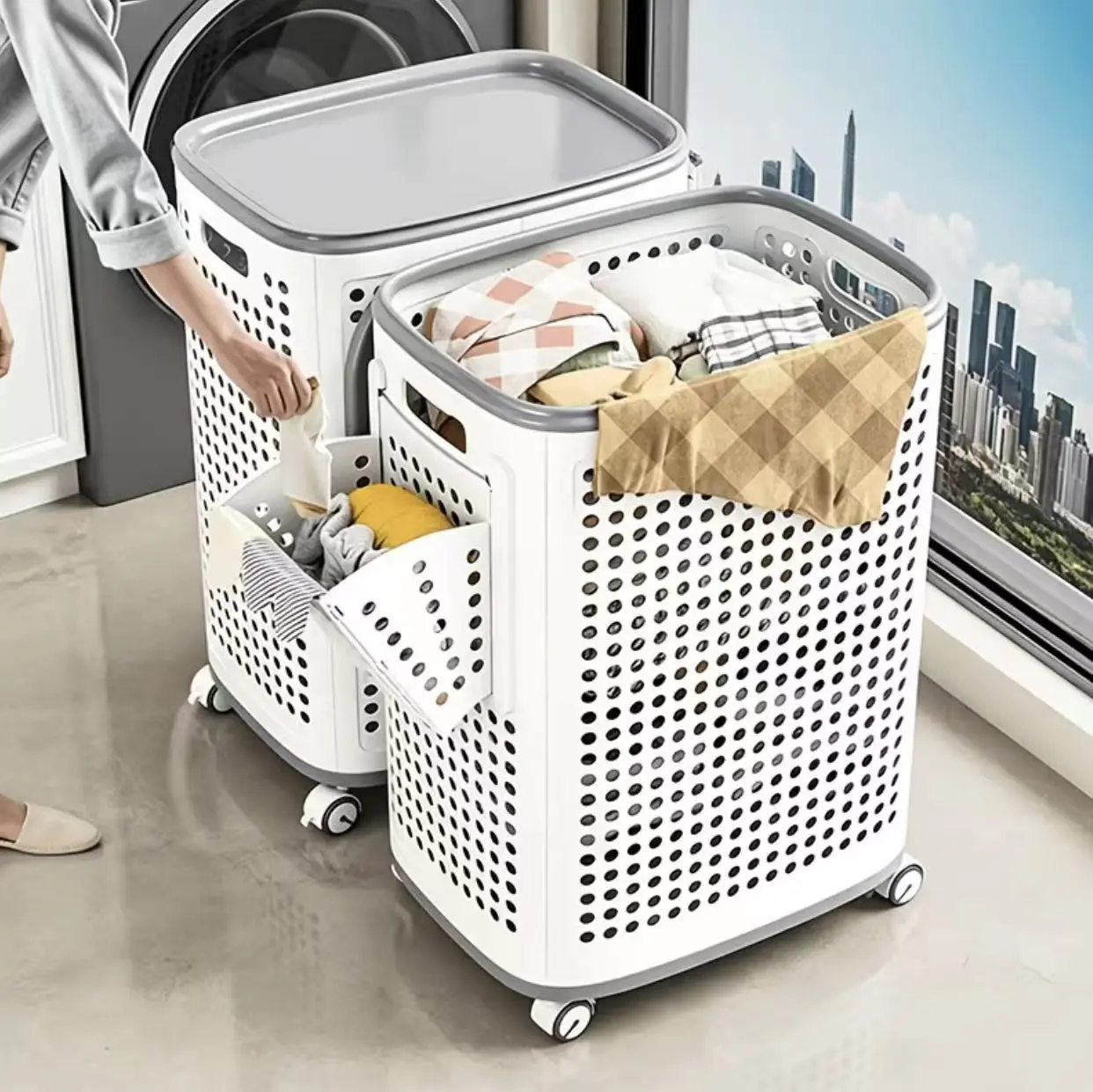 Heavy-Duty Plastic Geometric Folding Laundry Basket with Wheels, Lid, Carry Handles, Removable Trays - Freestanding Hamper for Home, Bathroom Storage, Dorm Essentials