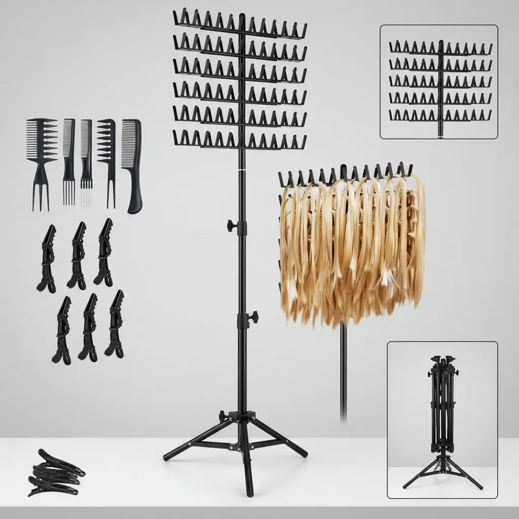 Braiding Hair Rack with 144 Pegs, Height Adjustable Standing Holder for Braiders - Efficient Storage Solution and Double-Sided Rack for Comfortable Braiding, Easy to Store and Transport, Durable And Easy To Assemble, Hair Salons, Multi-Use Device Hair Sty