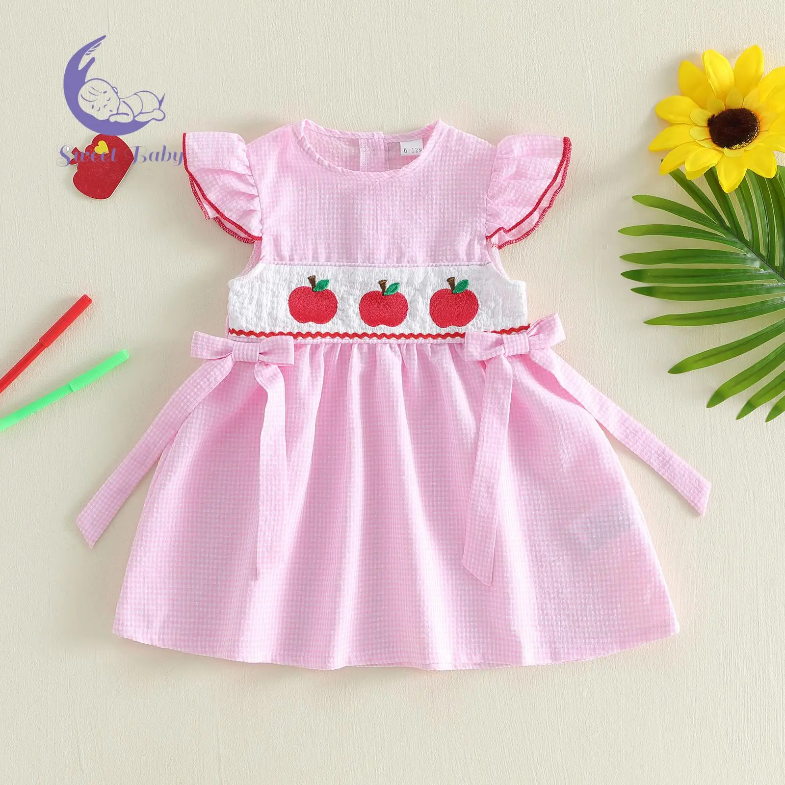 Little Girls Back to School Dress Summer Short Sleeve O Neck Apple Embroidered Plaid Dress