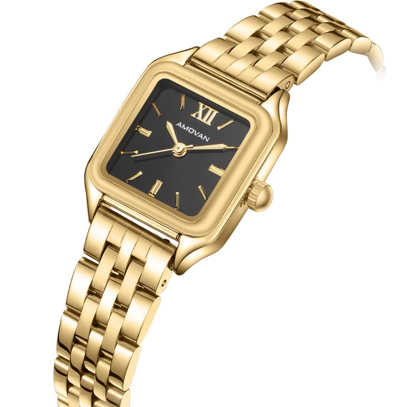 AMOVAN Gold Stainless Steel Bracelet Watch with Black Dial and Roman Numerals