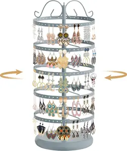 5 Tiers Metal Rotating Earring Holder Organizer Stand Adjustable Display Tree, 220 Holes Large Carousel Rack for Stud Hoop Pierced Dangling Women Girls,  View for All Earrings(Grey)