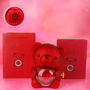 1pc romantic bear rose hugs bear rose, eternal rose, surprise red rose Preserved Rose 360-degree rotating rose box, please note that this product does not include necklaces or jewelry.