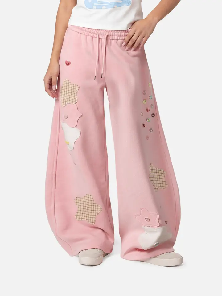 Aelfric Eden Oversized Polyester High-Waist Star Patch Balloon Barrel Joggers, Drawstring Elastic Waist, Button Detail, Geometric Aesthetics, Soft Fabric, Unisex Streetwear Bottoms with Ideal Fit, Loose, Street Wear, Balloon Cut