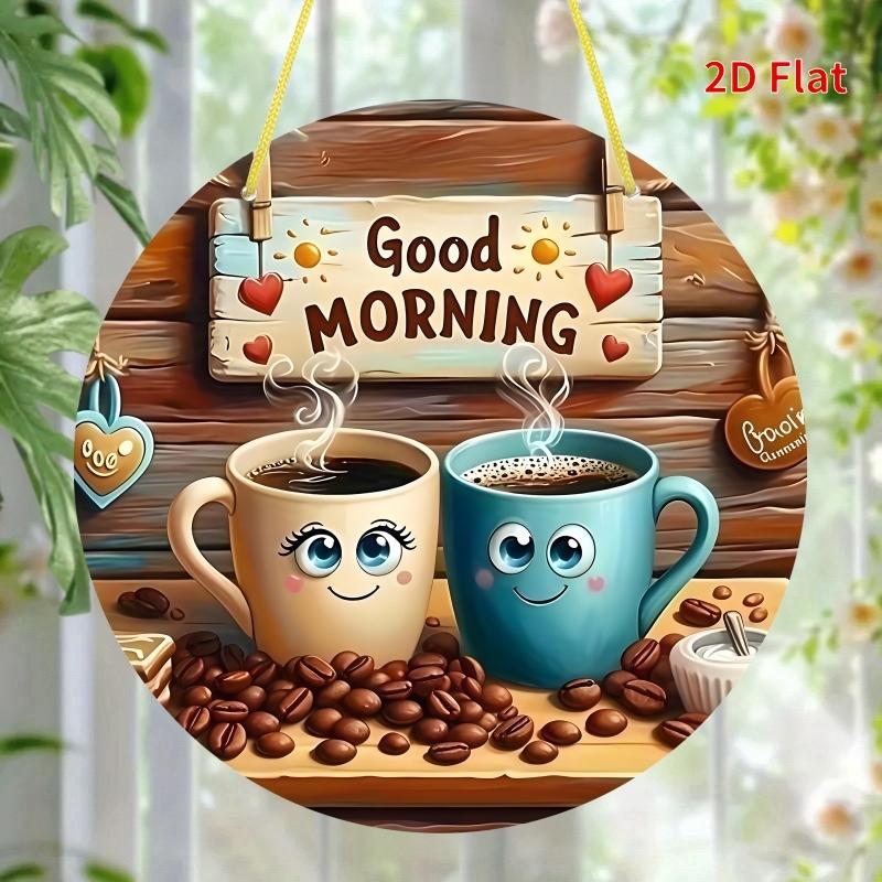 Coffee Cup Pattern Round Wooden Hanging Plaque, 1 Count Cute Coffee Cup Theme Hanging Plaque, Wall Decor for Home Coffee Shop, Hangable