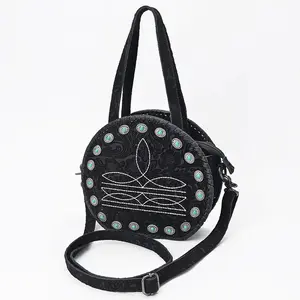 Canteen Bag Western Hand-Tooled Genuine Leather Crossbody with Boot Stitching and Turquoise Conchos