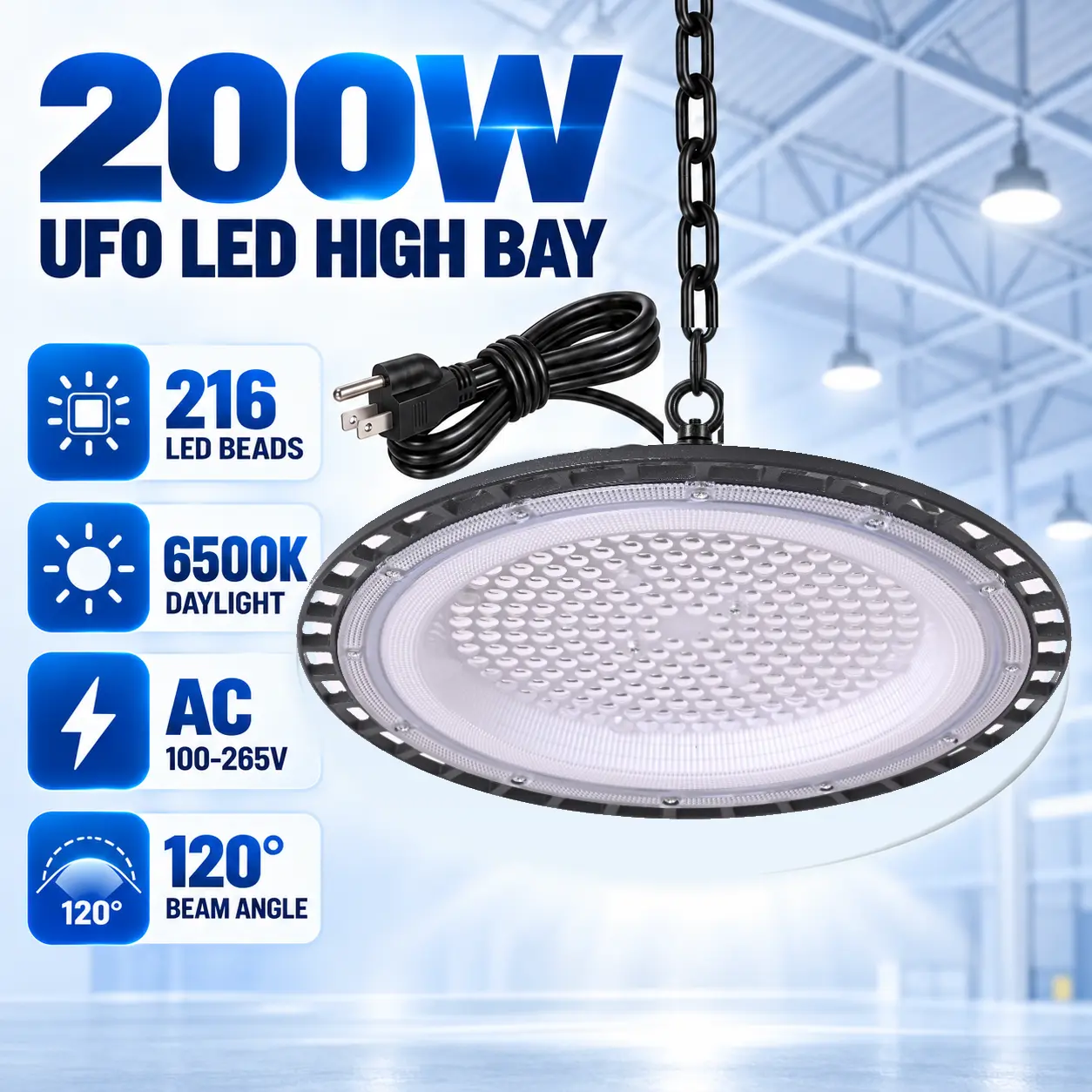 200W UFO LED High Bay Lights, 216 LED Beads, 6500K Daylight White, AC 100-265V, US 3-Prong Plug & Hanging Chain, 120° Wide Beam Commercial Ceiling Lighting for Warehouse, Workshop & Garage, 1/2 Pack Options