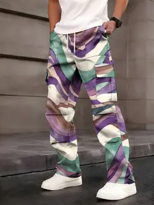 One-piece purple-green gradient camouflage men's cargo pants with street functional style and multi-pocket design