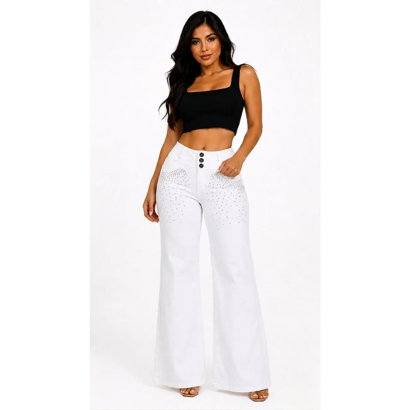 VICTORIA Women's High-Rise Push-Up Lift Casual Style Long Pants - Light Wash Full-Stretch Straight Leg Denim, Breathable Fabric, Slim Waist, Decorative Studs, Elevated Basics Everyday Bottoms