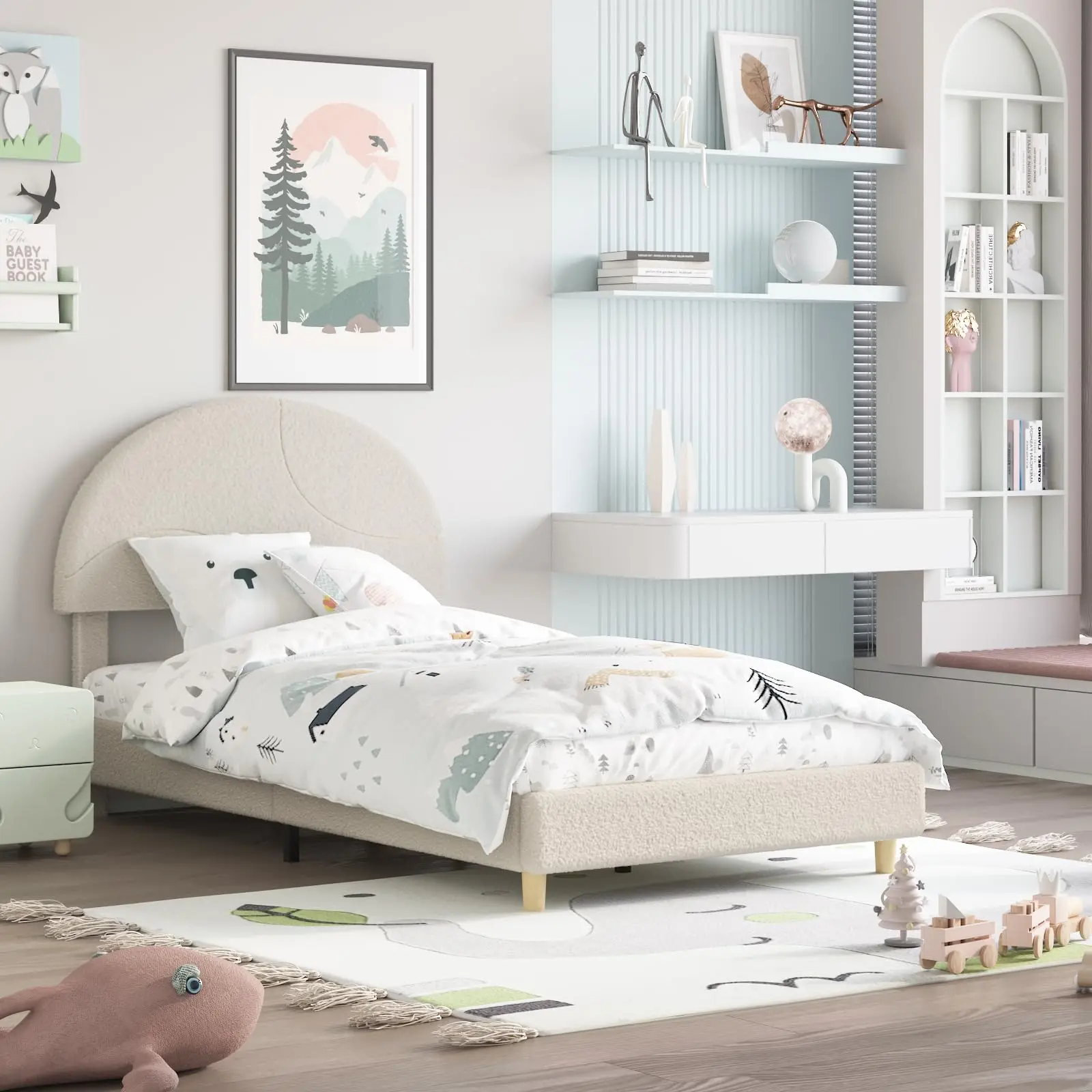 Garvee Twin Bed Frame with Round Boucle Upholstered Arch-Shaped Headboard in Soft White, Modern Design with Wooden Slats, No Box Spring Needed, Easy Assembly