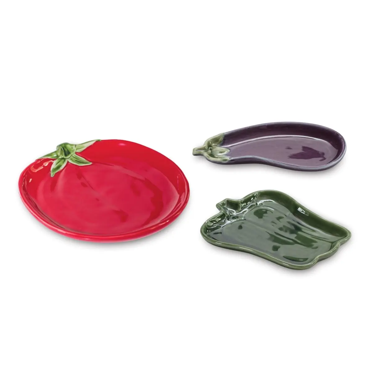 Melrose 92873DS 3-Piece Stylish 7 in. Ceramic Plates Set - Red, Green, Purple Variants, Assorted Designs, Clean Glaze, Vegetable Shapes Serving Plates
