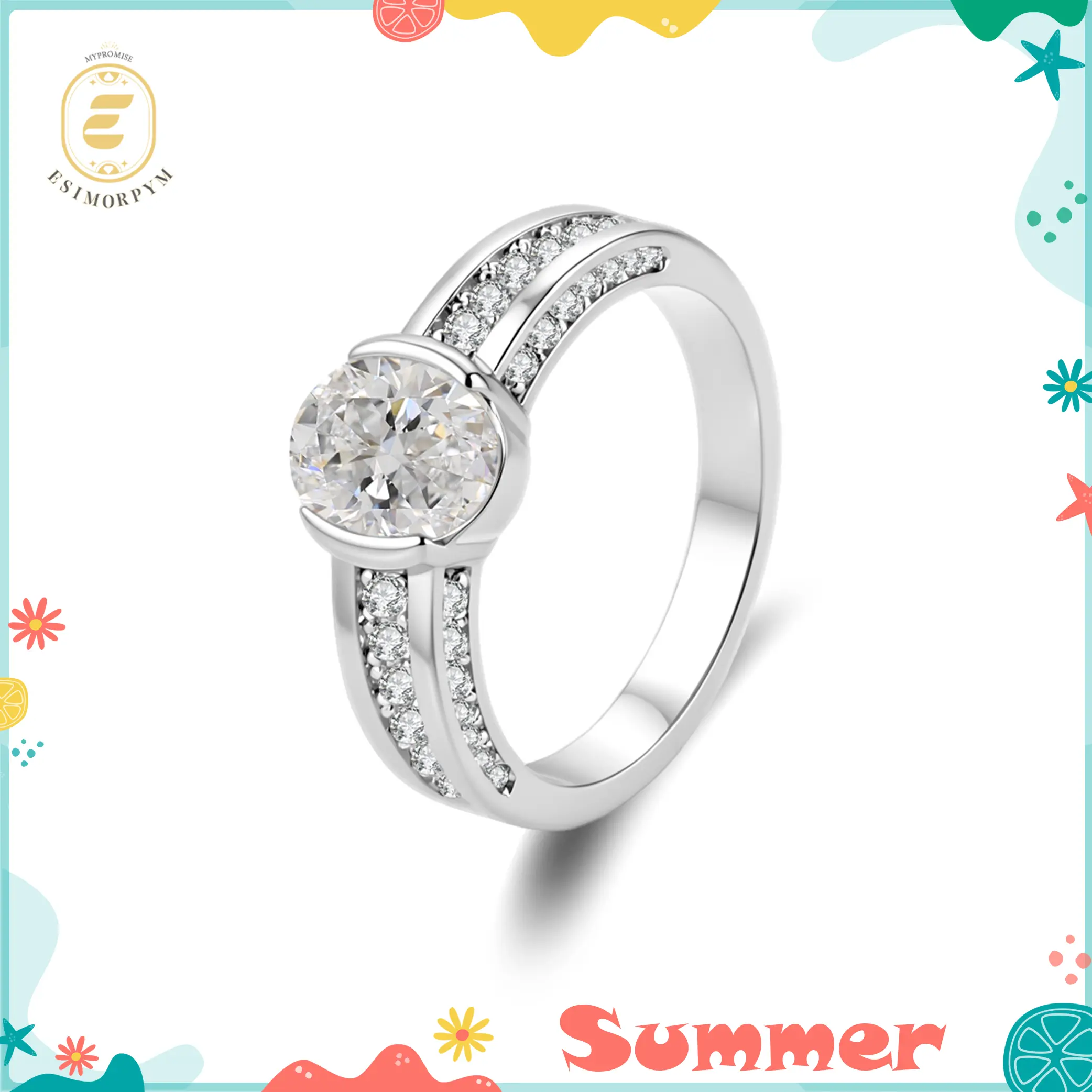 EOM Moissanite Waterproof 1.5ct Vintage Fortune Glow Oval Ring Silver-Plated Wedding Engagement Anniversary Valentine's Day Romantic Elegant Gift Daily Wear for Women