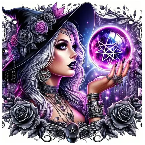 Gothic Fantasy Witch Full Round Diamond Mosaic Hobbies Kit for Adults, Black Rose DIY Wall Masterpiece Craft, 16x16 in Acrylic Home Decor Piece