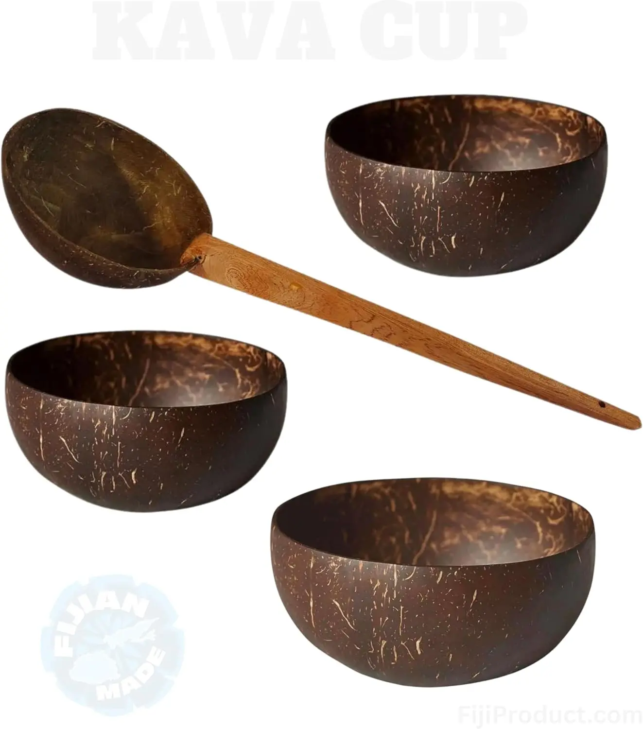 FIJIAN MADE - ️️Authentic Kava Drinking Cup - 100% Natural Fiji Kava Coconut Shell (4 Cup-Deal) 1 Bowl with Wooden Handle Cutlery Tableware