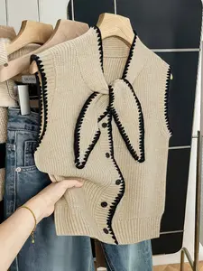 Butterfly Knot Colorblock Casual Fashion Knit Cardigan Outerwear, Single Button Sleeveless Fitted Vest, Trendy Street Style for Spring Knitwear Womenswear Knitting