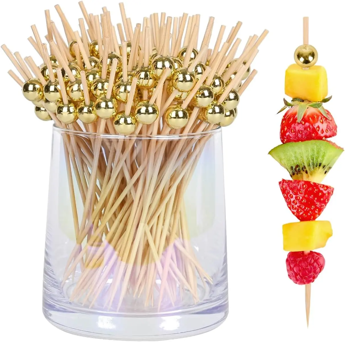 200PCS Cocktail Picks, Fancy Toothpicks Decorative Bamboo Skewers for Appetizers Drinks Fruit, 4.7 Inch Long Wooden Gold Pearl Food Sticks