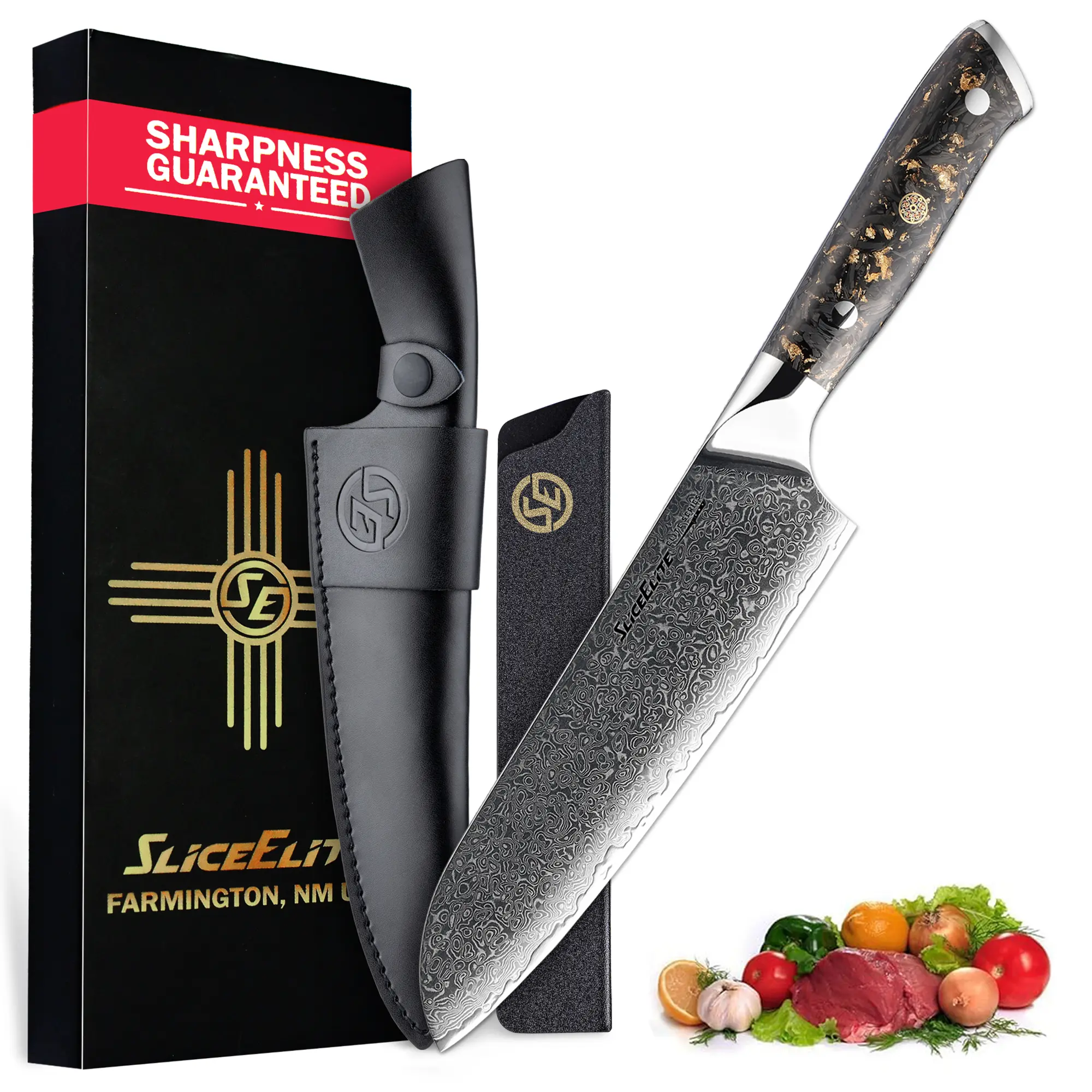 SliceElite Elite Series 7 Inch Santoku Knife VG10 Damascus Steel Forged Carbon Fiber Handle Dual Protection Cutting Kitchen Tool Sharp Vegetable Meat Chopping BBQ Chef Slicing Cleaver Camping Butcher